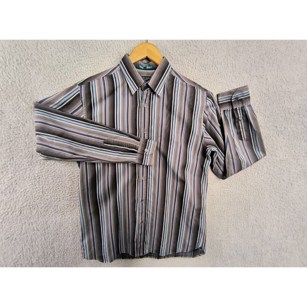 Ted Baker London Brown Black‎ Barcode Stripe Cotton Button Up Mens US Large 40